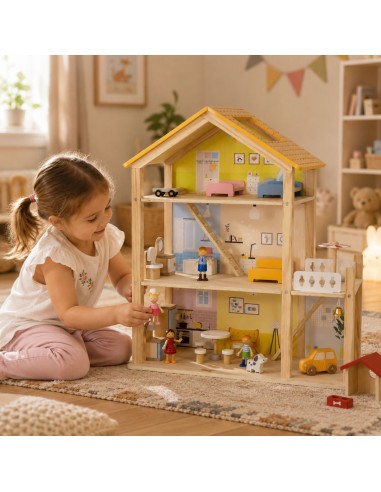 VIGA Wooden Dollhouse with Accessories and Dolls