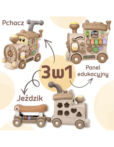WOOPIE Interaktywny Pociąg 3w1 Jeździk Pchacz Edukacyjny dla Dzieci