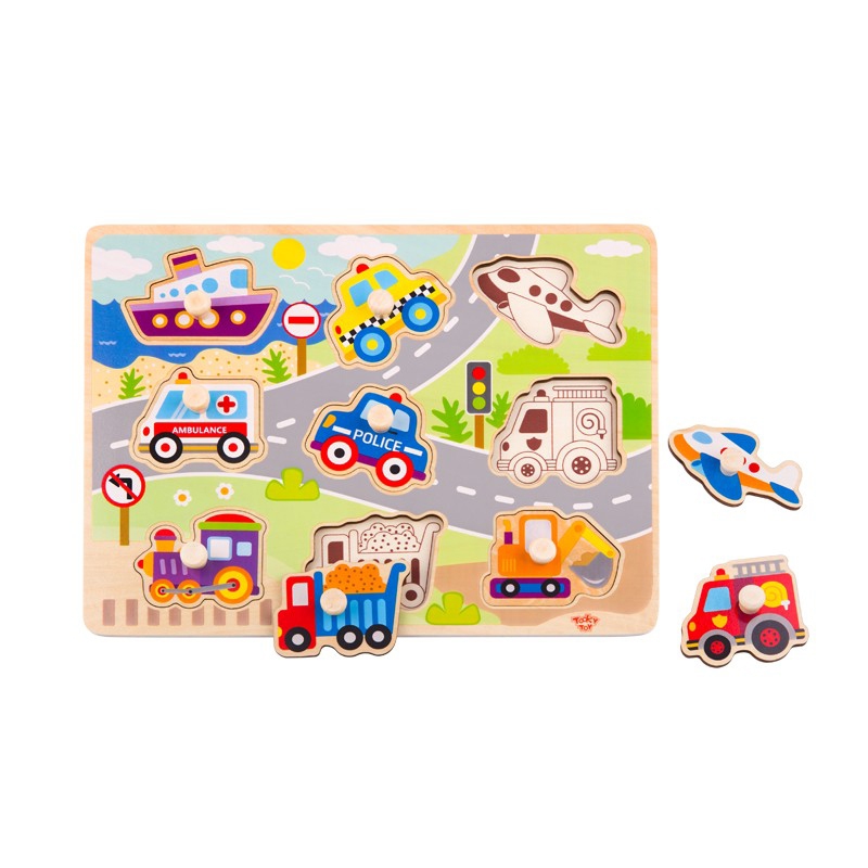 Drewniane puzzle montessori transport pojazdy z pinezkami do dopasowania