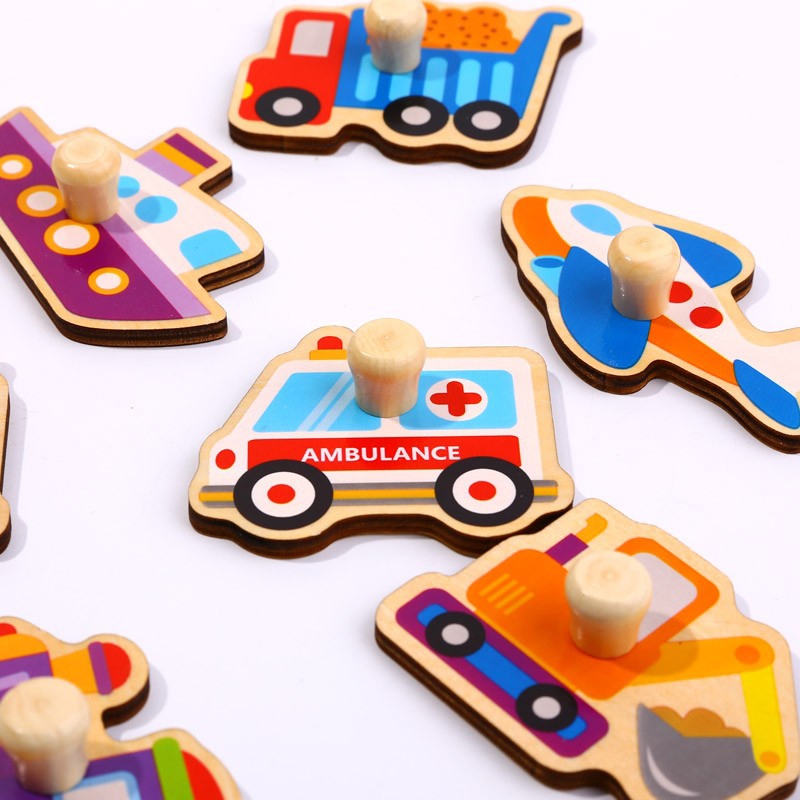Drewniane puzzle montessori transport pojazdy z pinezkami do dopasowania