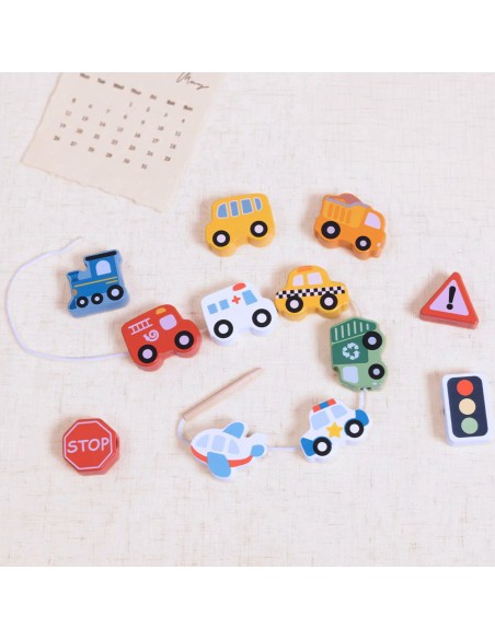Wooden threading toy Transport Woopie Green - 13 pcs.
