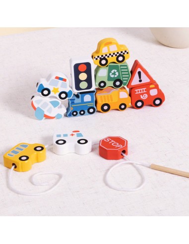 Wooden threading toy Transport Woopie Green - 13 pcs.