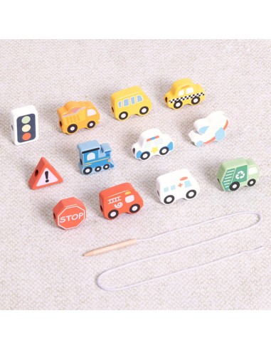 Wooden threading toy Transport Woopie Green - 13 pcs.