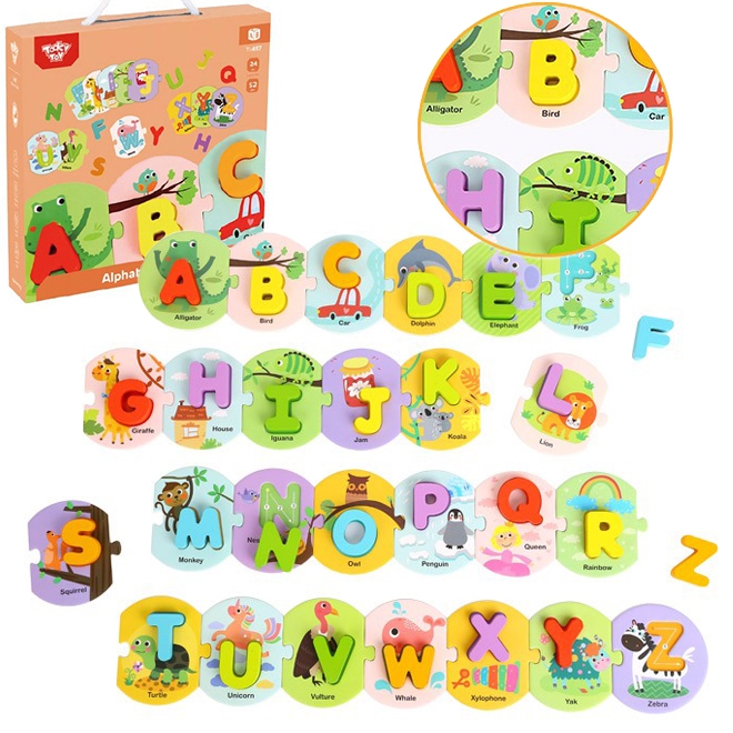 Drewniane puzzle montessori układanka nauka alfabetu liter słów alfabet grube klocki 26 el.
