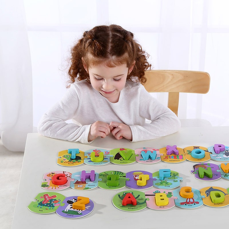 TOOKY TOY Drewniane Puzzle Montessori Układanka Nauka Alfabetu Liter Słów Alfabet Grube Klocki 26 el.