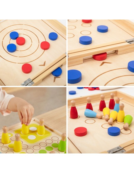 VIGA Holz-Geschicklichkeitsspiel 4-in-1 Tischhockey Curling Bowling Ludo