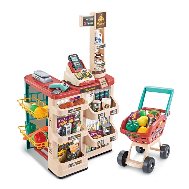 Sklep supermarket z wózkiem sklepowym waga kasa skaner + 48 akc.