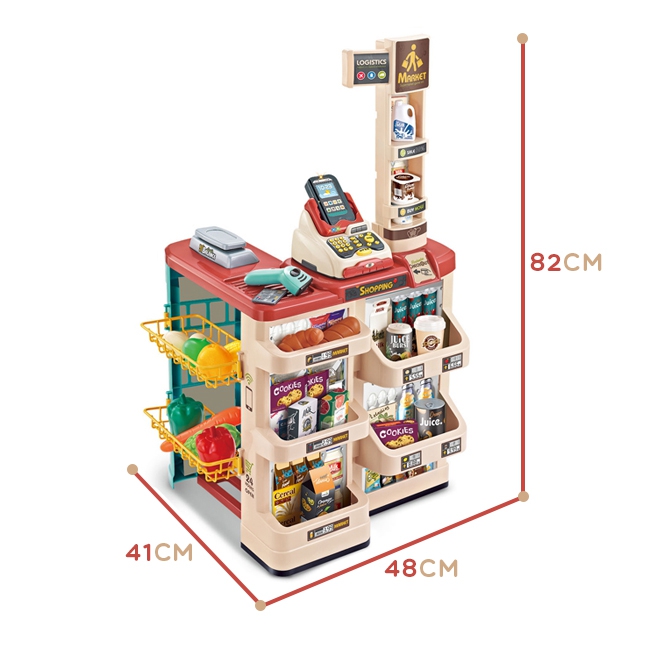 Sklep supermarket z wózkiem sklepowym waga kasa skaner + 48 akc.