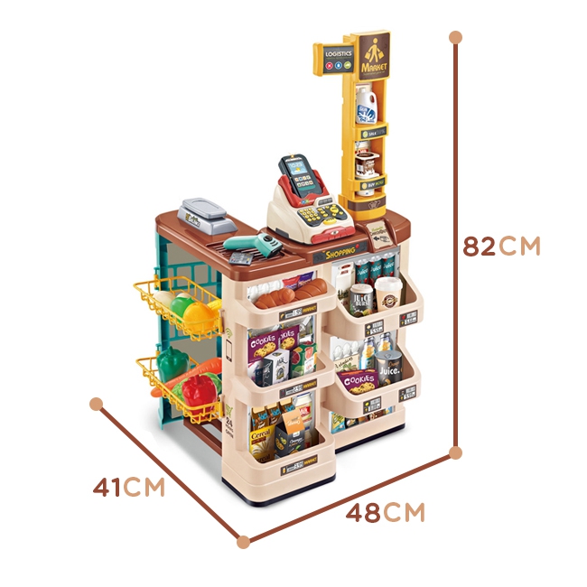 Sklep supermarket z wózkiem waga kasa skaner + 48 akc.