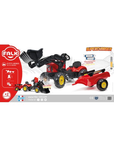 Red Supercharger Excavator Tractor with Falk Trailer - From 2 Years Old