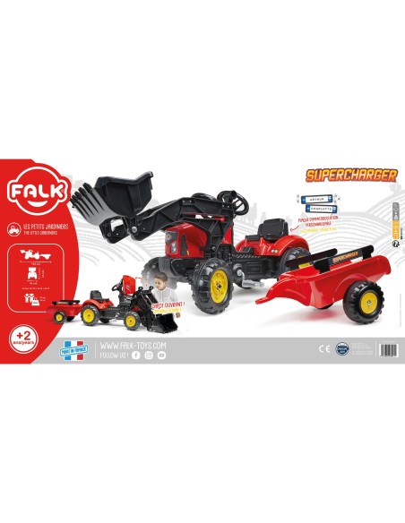 Red Supercharger Excavator Tractor with Falk Trailer - From 2 Years Old