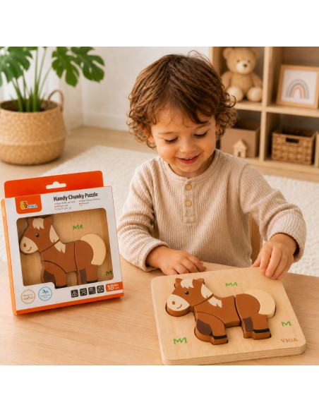 Drewniane Puzzle Viga Konik – Edukacyjna Układanka dla Dzieci 18M+