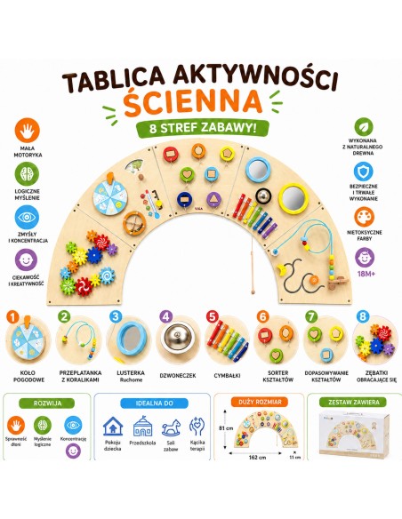 Sensorinė manipuliacinė sieninė lenta „Łuk Montessori“ Viga – Montessori rinkinys