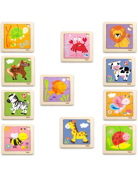 VIGA Holzpuzzle 12 Tafeln im Ständer – pädagogischer Spielspaß
