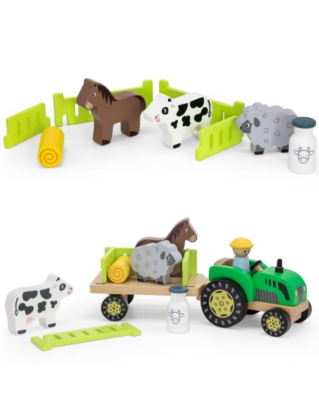 VIGA Holztraktor mit Tieren - Bauernhof und Gehöft