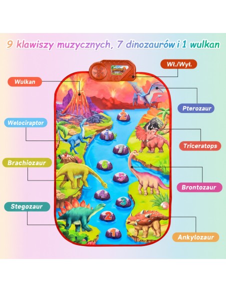 Duża Mata Muzyczna Pianino XL Dinozaury - Interaktywna zabawa