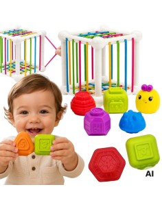 WOOPIE BABY Elastingas sensorinis kubas rūšiuoklis vaikams Su gyvūnėliais + barškutis 7 el.