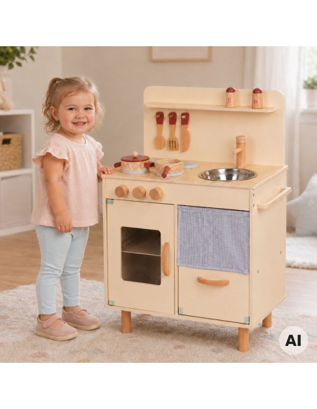 TOOKY TOY medinė smėlio spalvos virtuvėlė vaikams – 10 dalių rinkinys