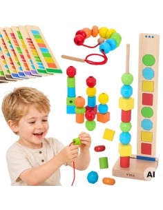 VIGA Wooden Beads for Stringing and Sequencing 64 pcs.