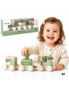 VIGA PolarB Green Train with Carriages - Blocks for Children