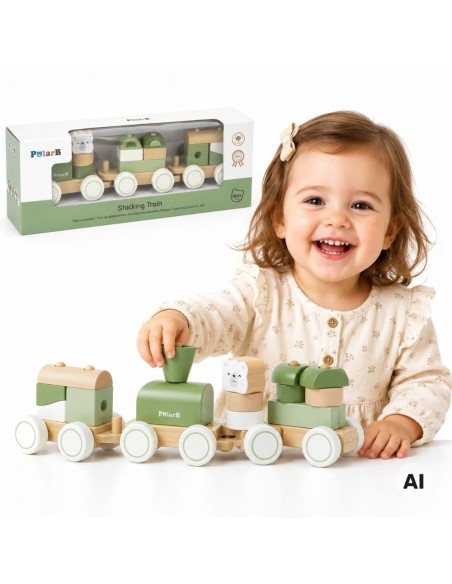 VIGA PolarB Green Train with Carriages - Blocks for Children