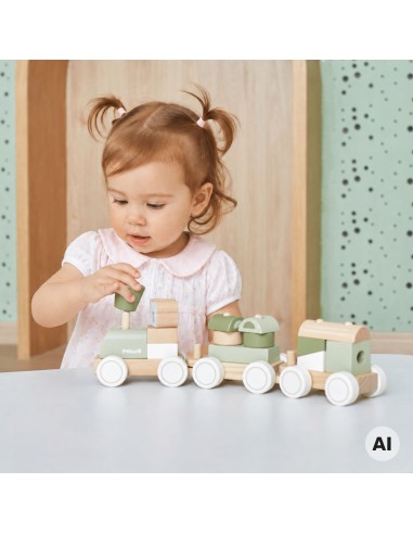 VIGA PolarB Green Train with Carriages - Blocks for Children