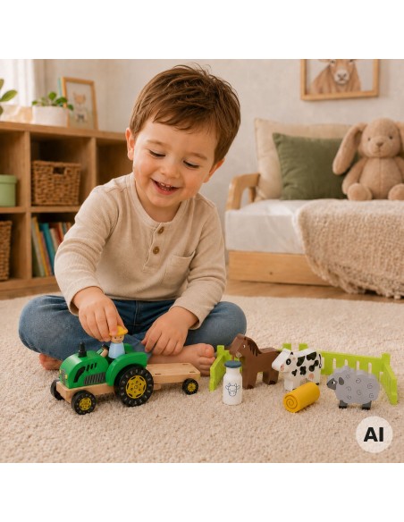 VIGA Holztraktor mit Tieren - Bauernhof und Gehöft