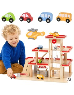 VIGA Holz-Parkhaus mit Aufzug und 4 Autos - Spielzeug für Kinder