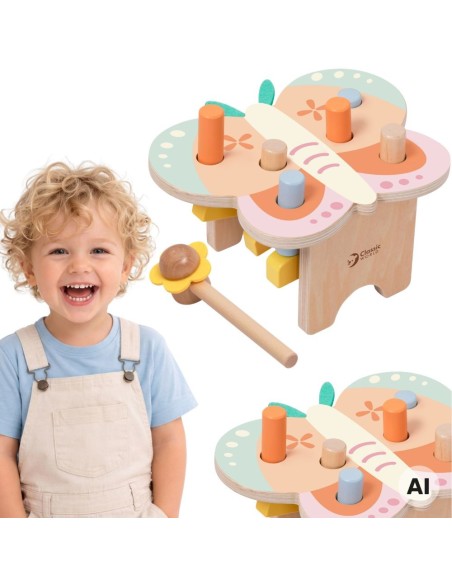 CLASSIC WORLD Montessori pastelinis plaktukas-kaladėlių įspaudėjas „Drugelis“ su 8 vnt.