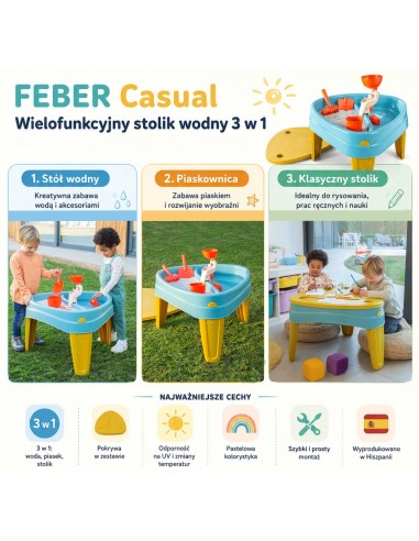 FEBER CASUAL 3-in-1 Water Table - Sandbox, Desk, Picnic Table