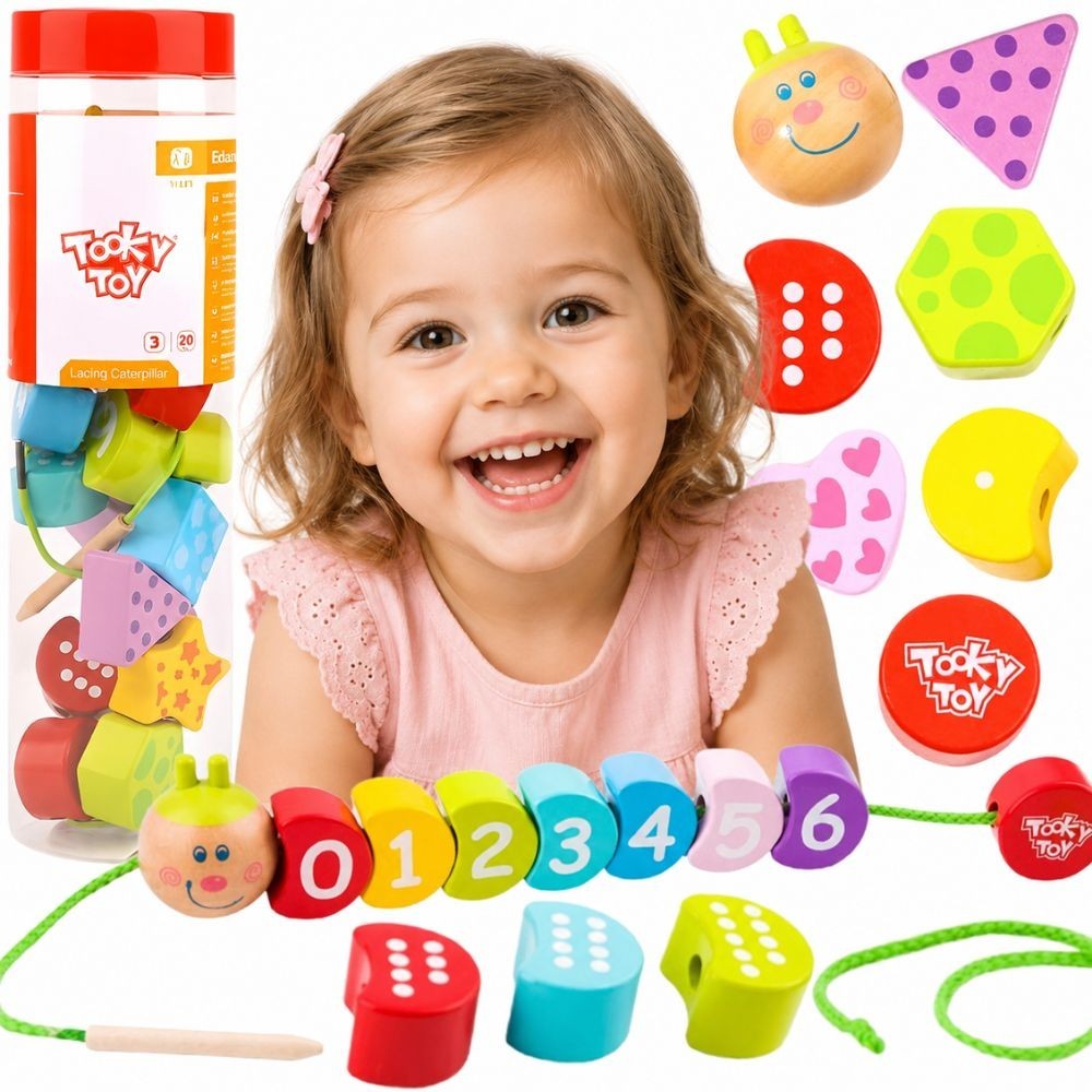 TOOKY TOY Wooden Threading Blocks Caterpillar Learning Counting 20 pcs.