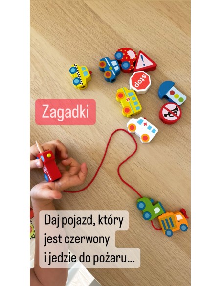 VIGA Holzbausteine Durchflechtspiel Schnurspiel Autos Spielzeug