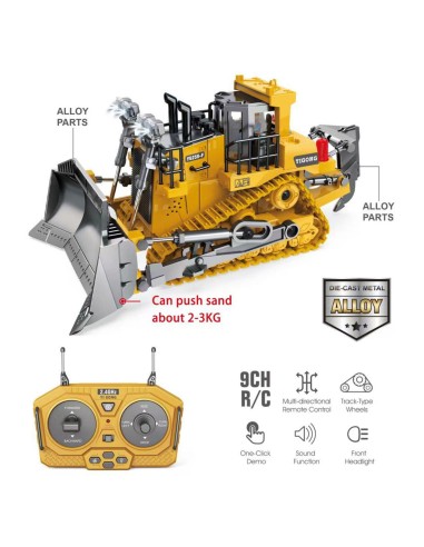 RC vikšrinis buldozeris - 2,4 GHz nuotolinio valdymo pultas, metalas, šviesos, „Woopie“ garsas