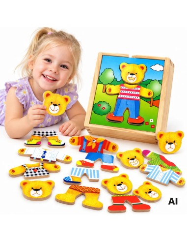 Viga Holz-Puzzle „Zieh den Bären an – Junge“ 18-tlg. – Lernspielzeug