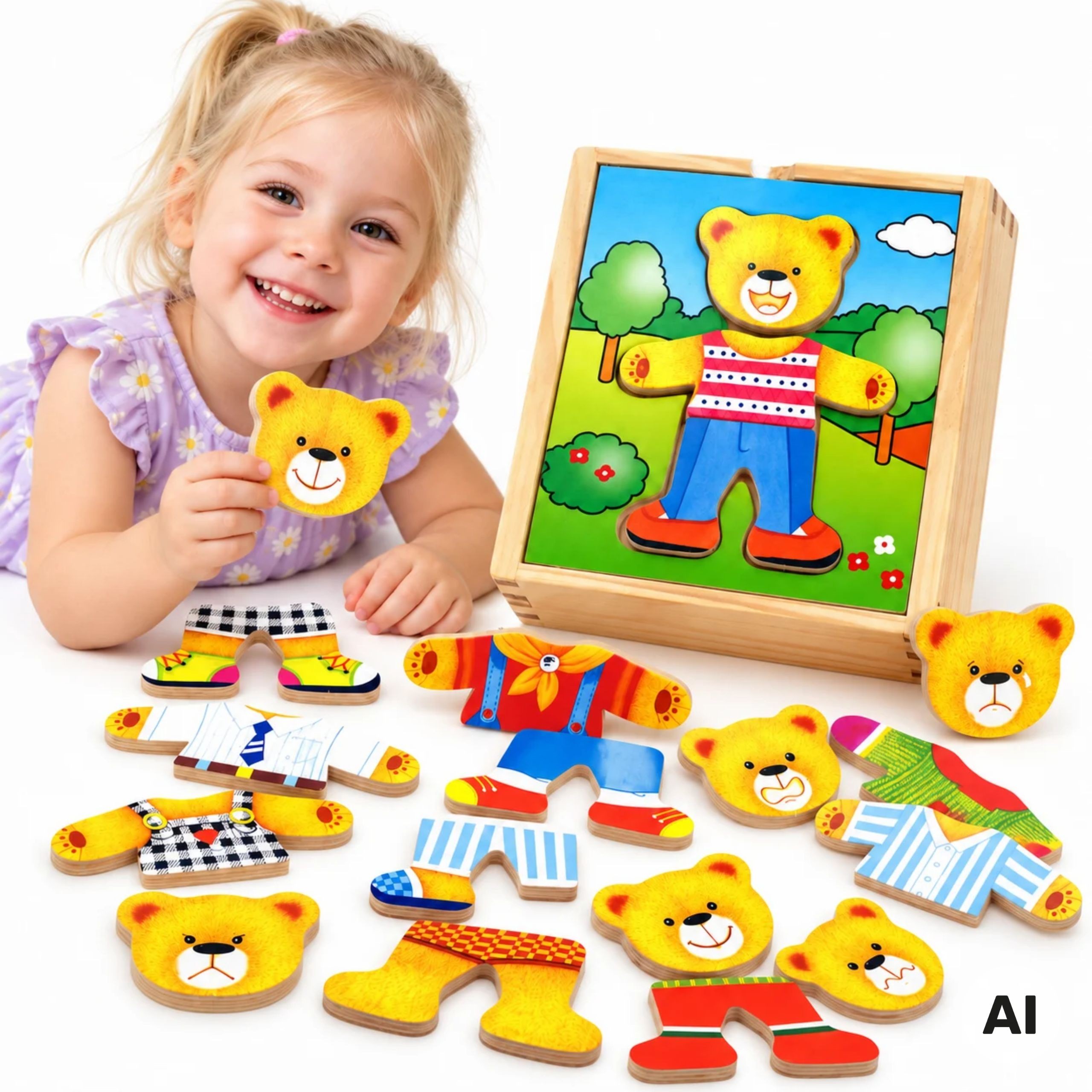 VIGA Drewniane Puzzle Układanka Edukacyjna Ubierz Misia Chłopca