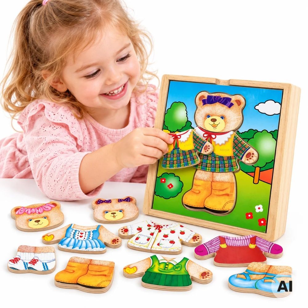 VIGA Drewniana Układanka Logiczna Puzzle Ubierz Misia Dziewczynkę