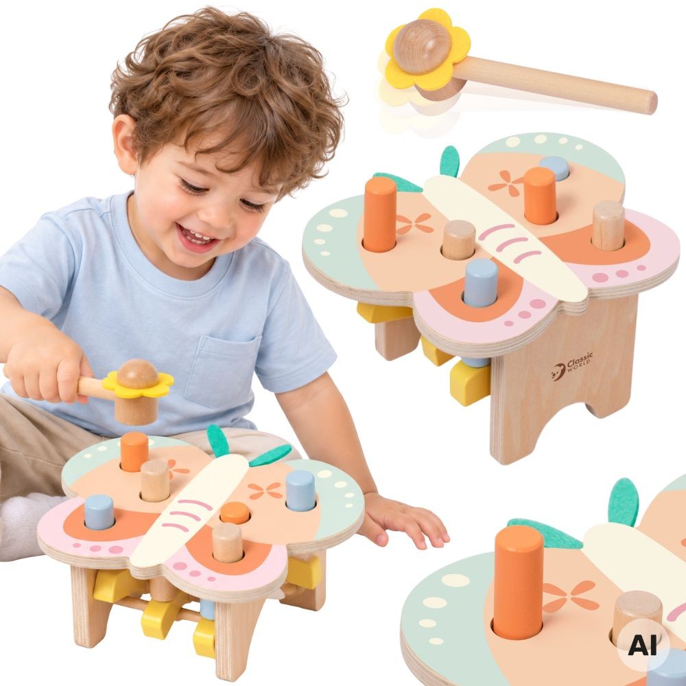 CLASSIC WORLD Wbijak Pastelowy Motylek Montessori z Młoteczkiem 8el.
