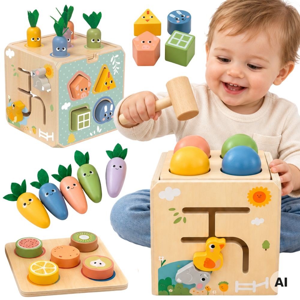 TOOKY TOY Wooden Spring Educational Cube 5-in-1