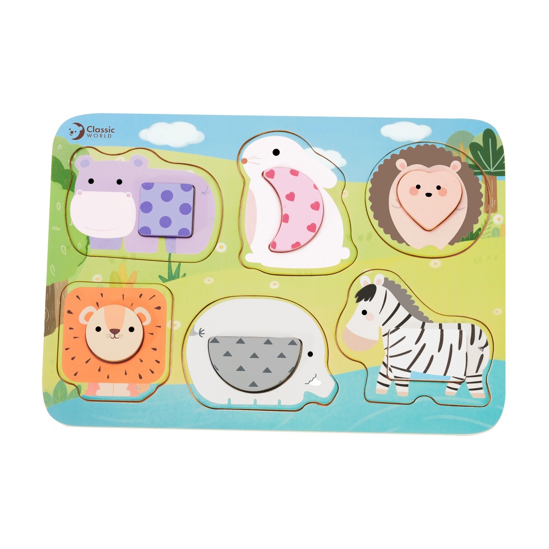 Układanka klocki puzzle dla dzieci zwierzęta dopasuj nauka kształtów kolorów montessori 6 el.