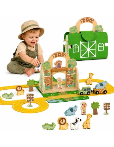 Holz-Zoo in der Tasche Tooky Toy – Safari mit Figuren und Fahrzeugen