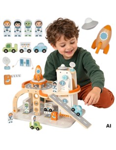 TOOKY TOY Drewniany Kosmiczny Parking - Stacja Kosmiczna dla Dzieci