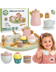 Holz-Tee-Set Woopie – Pastellfarben: Tablett, Tasse, Teekanne