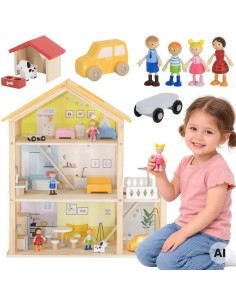 VIGA Wooden Dollhouse with Accessories and Dolls