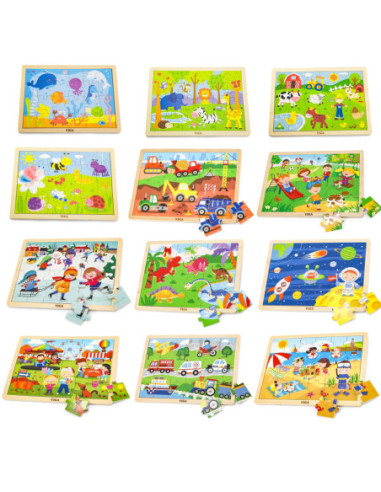 Puzzle drewniane 12 plansz po 24 puzzle w stojaku Viga Toys
