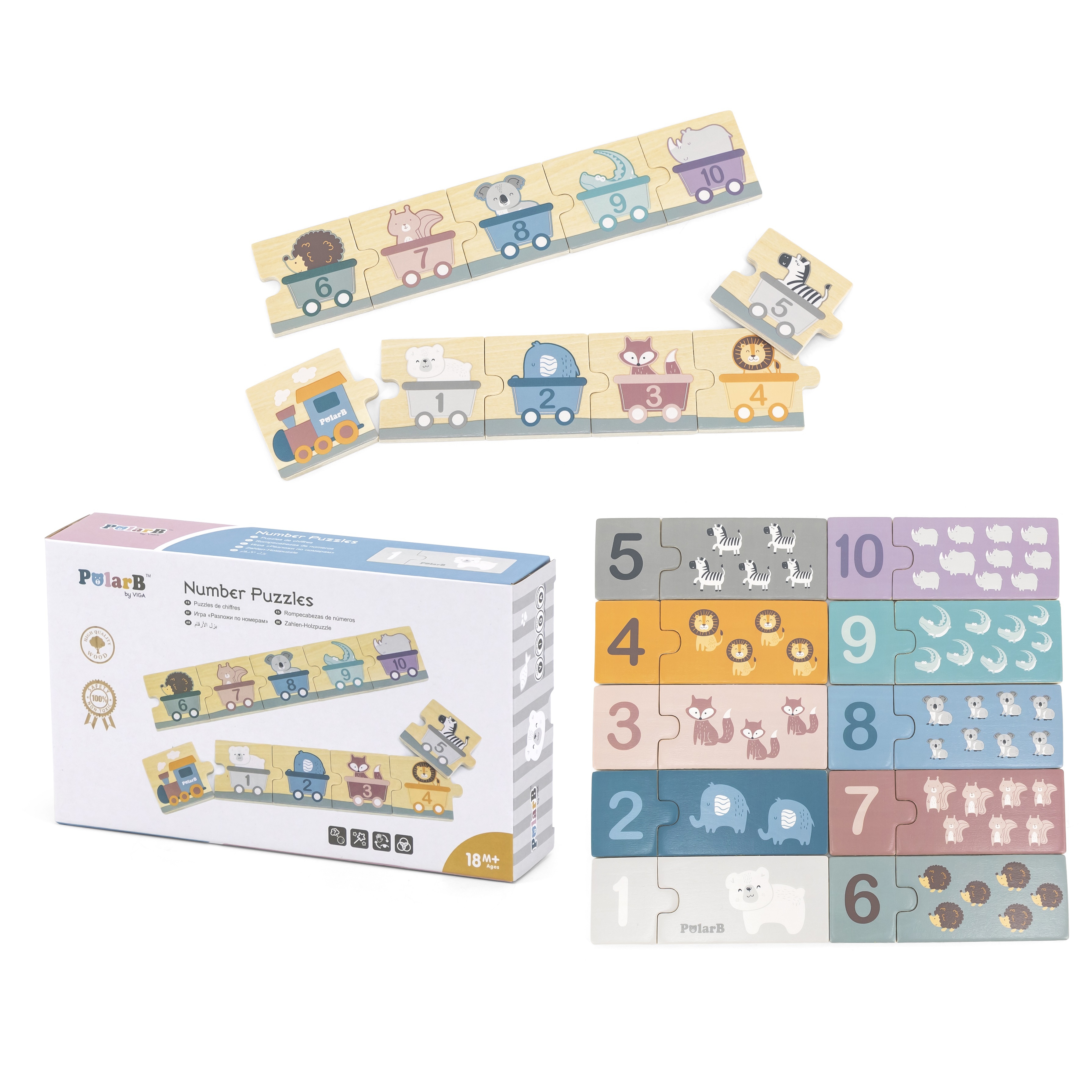 Polarb drewniane puzzle numeryczne cyferki montessori
