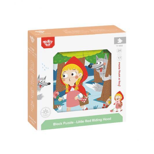 Drewniane klocki puzzle układanka montessori czerwony kapturek + książeczka 17 el.
