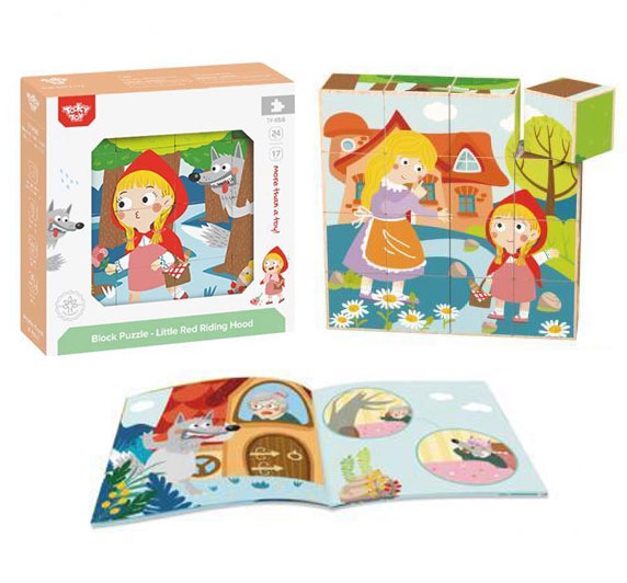 Drewniane klocki puzzle układanka montessori czerwony kapturek + książeczka 17 el.