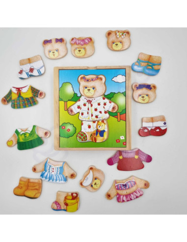 Viga Drewniane Puzzle Układanka Ubierz Misia dziewczynkę