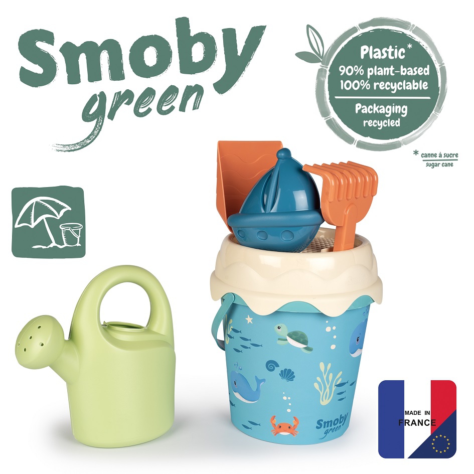 SMOBY GREEN Wiaderko z akcesoriami do piasku i konewką z bioplastiku