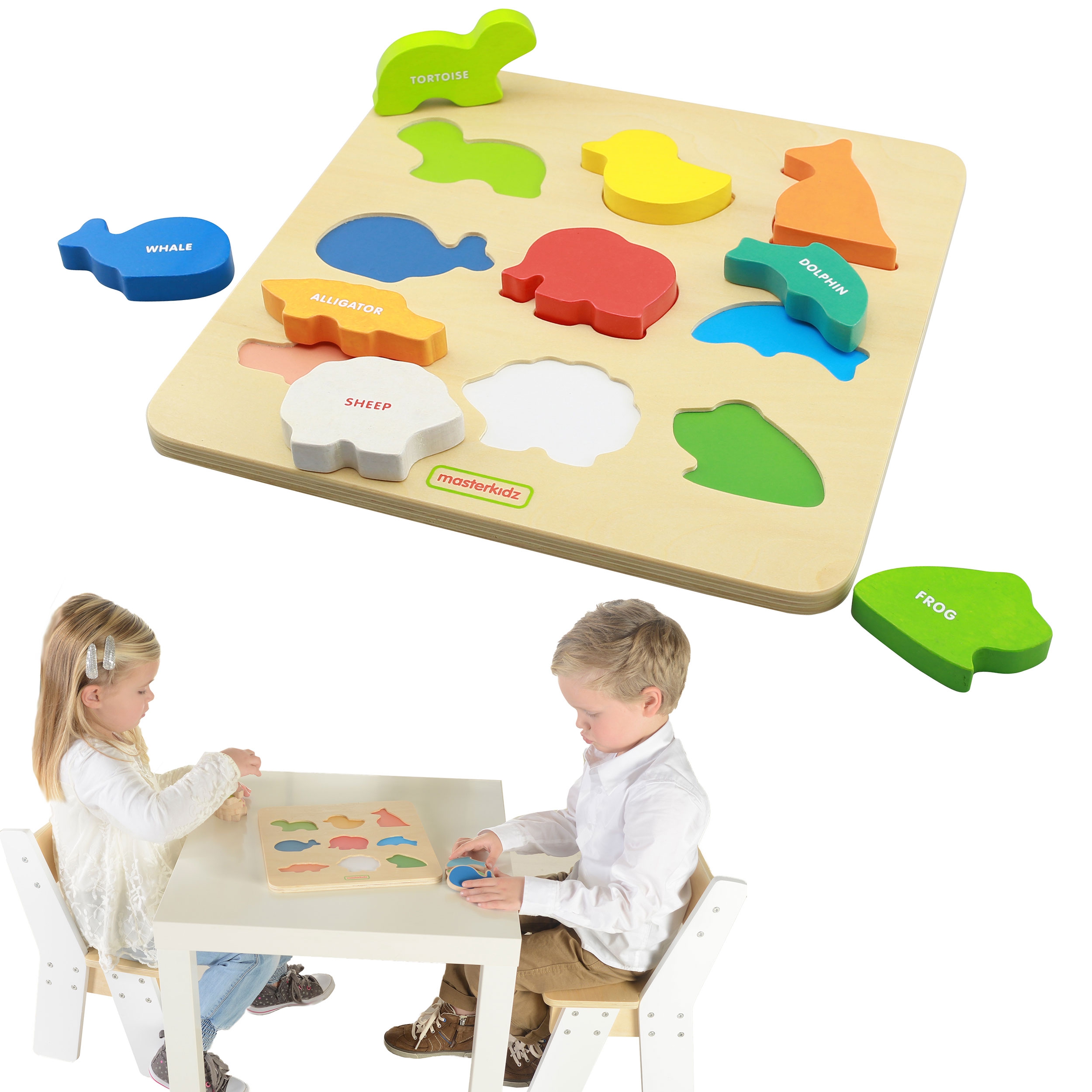 Drewniany sorter kształtów kolorowe zwierzątka montessori